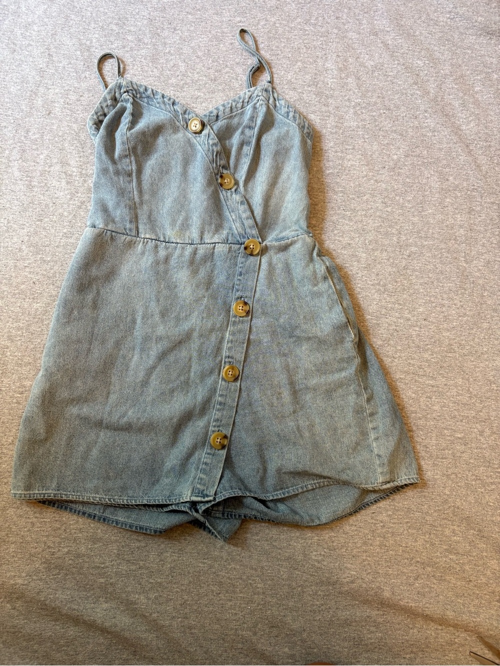 Aeropostale Smocked Denim Strap Romper in Light Blue with pockets